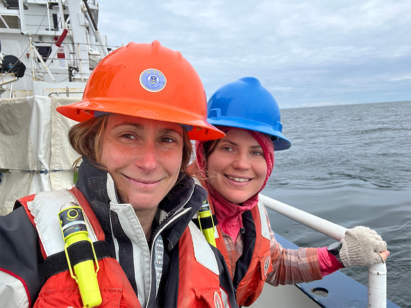 Stamieszkin (left) on a research cruise in the Gulf of Maine with URI graduate student Katherine Nowakowski.