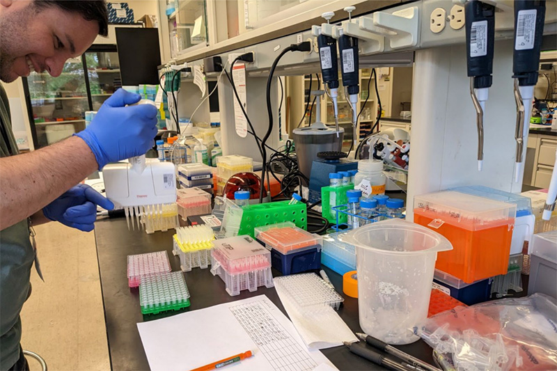 Steve Auscavitch preparing to analyze samples at a bench oin a lab