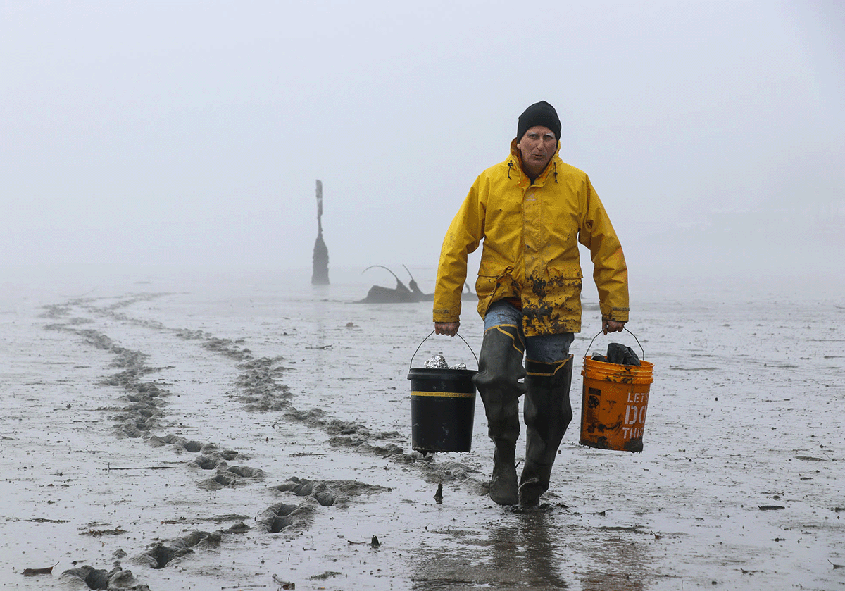 David Emerson walking over a mudflat carrying two large buckets