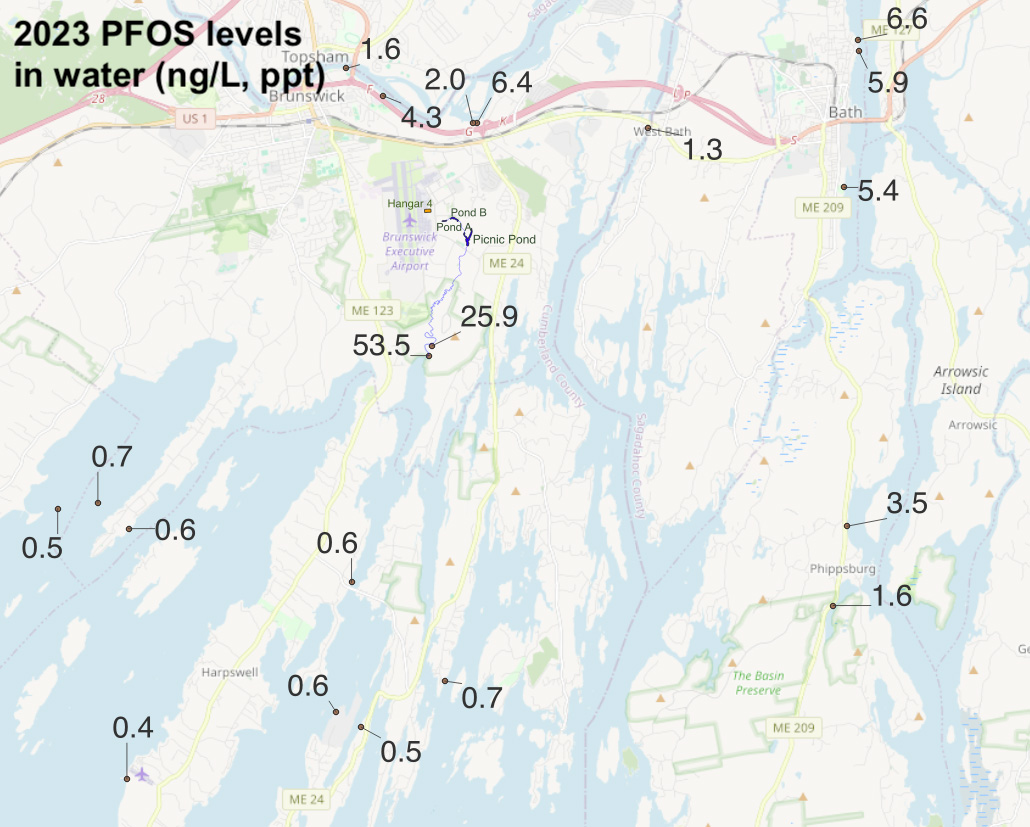 Map showing the concentrations of PFOS across Casco Bay in 2023 