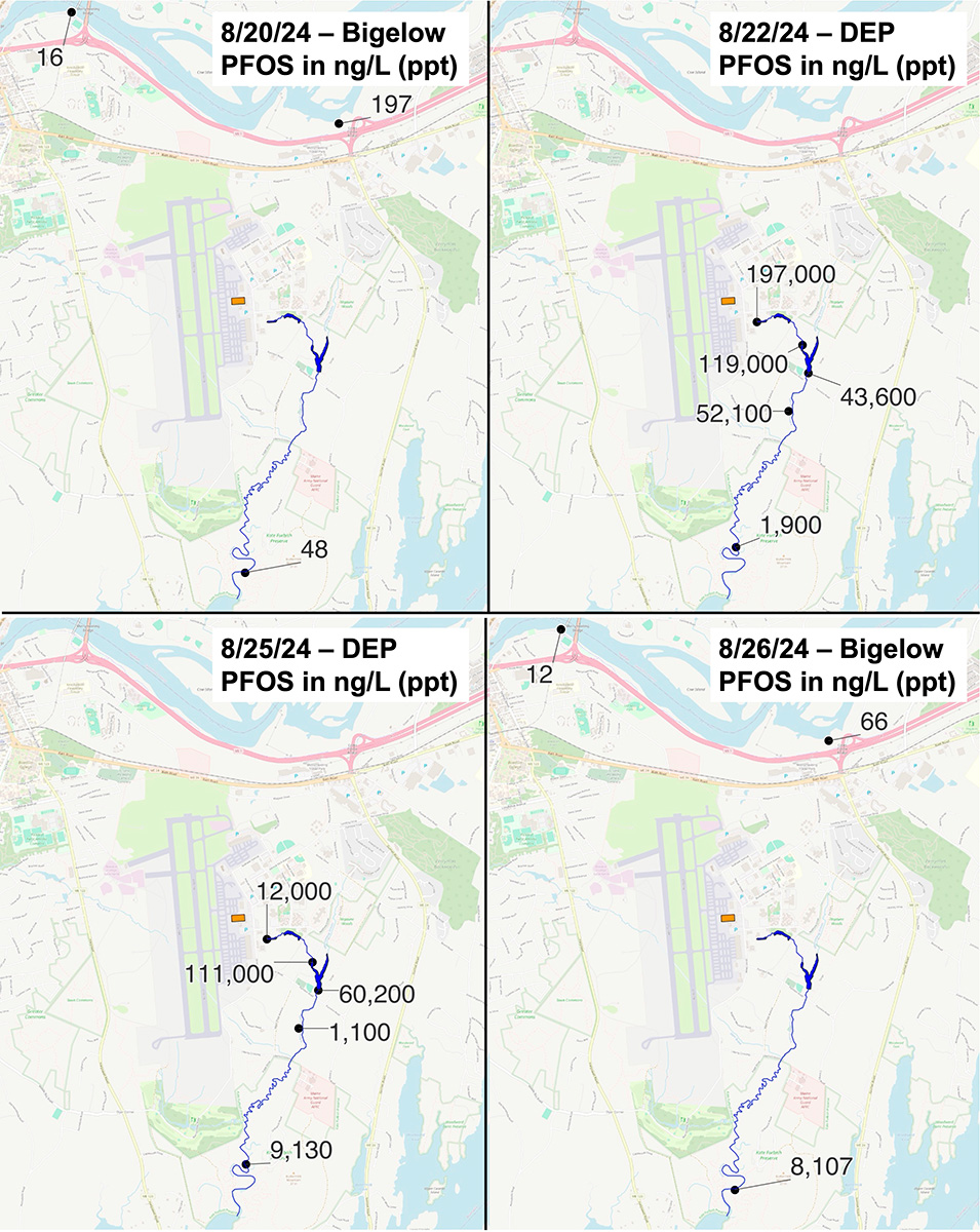 Maps showing observered PFOS concentrations before and after the spill 