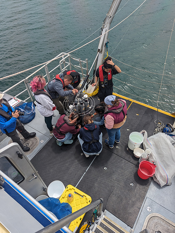 workers on the deck of the RV Bowditch with rosette